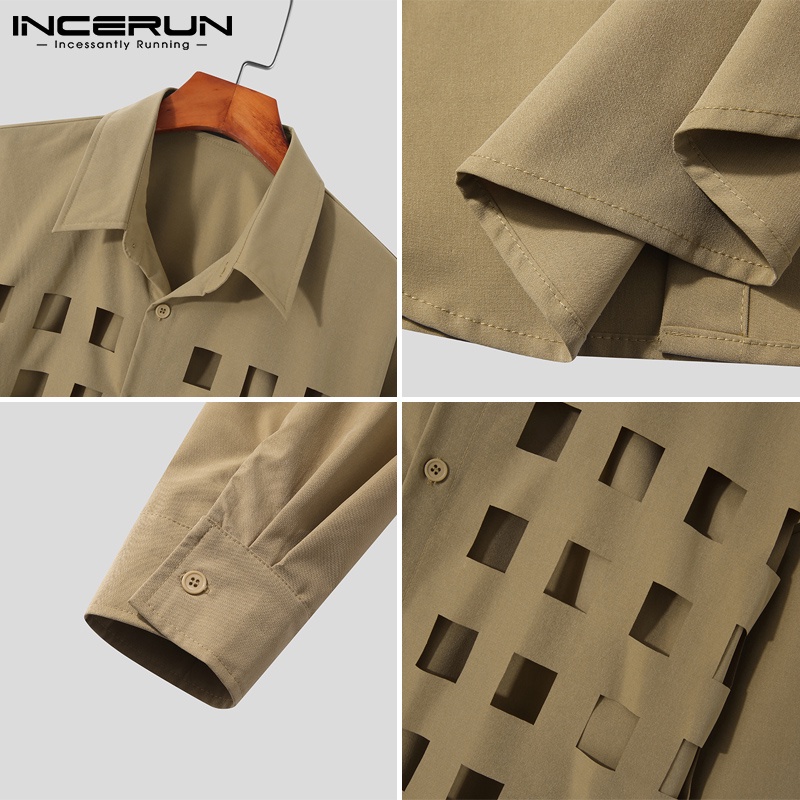 Áo sơ mi INCERUN tay dài cổ bẻ khoét lỗ 2 màu sắc tùy chọn thời trang dành cho nam