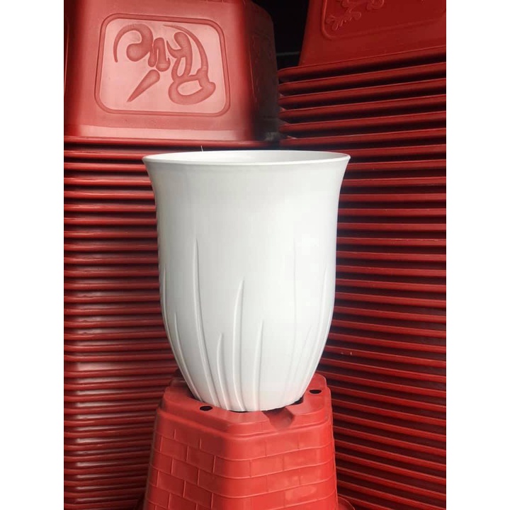 (23x28cm) Chậu nhựa tròn cứng cao cấp tráng men sứ dày xịn_Chậu nhựa tròn dáng đứng lòng sâu họa tiết lá cỏ