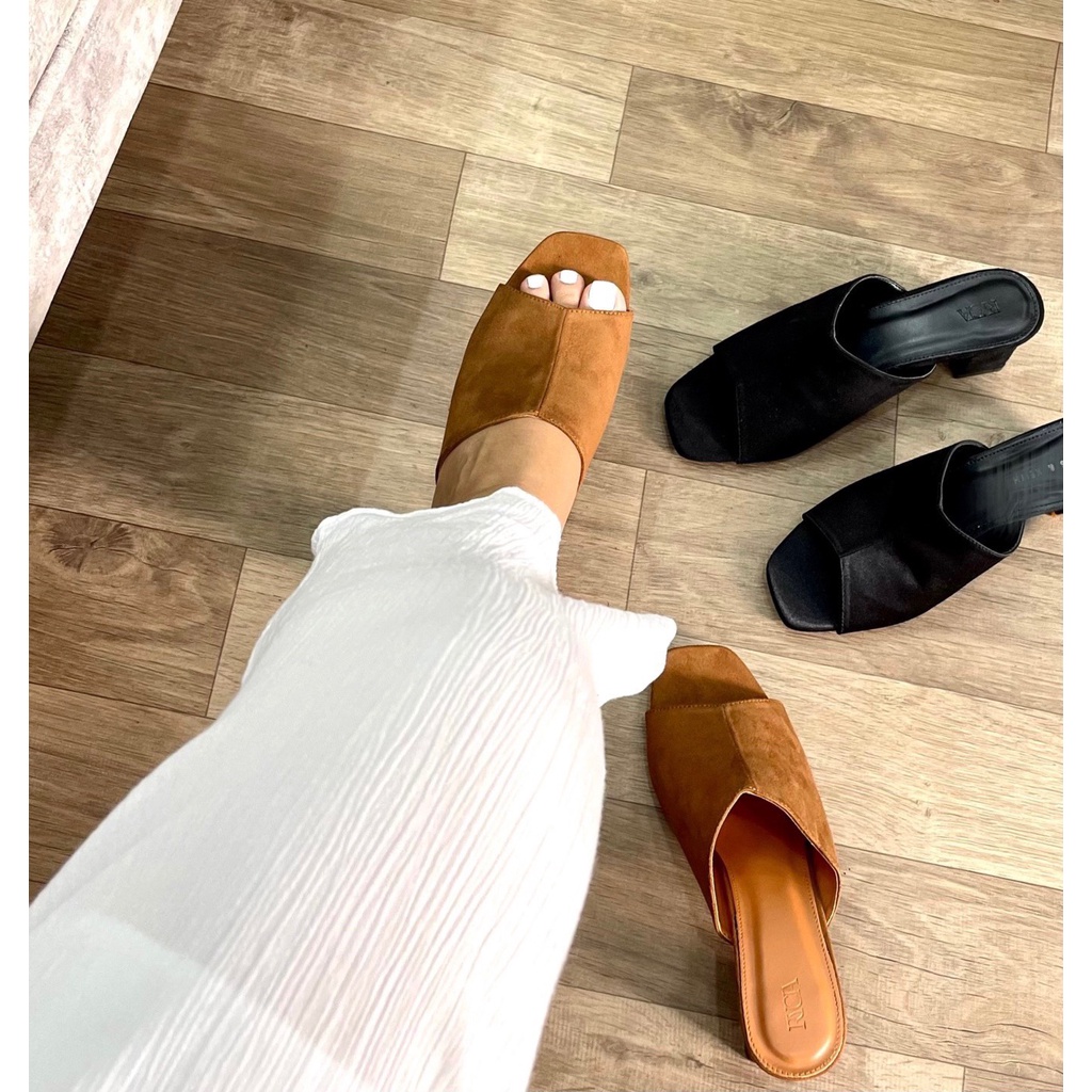 (CÓ SẴN) Guốc Bảng Ngang To Nhung Đế Vuông Cao 5 Phân