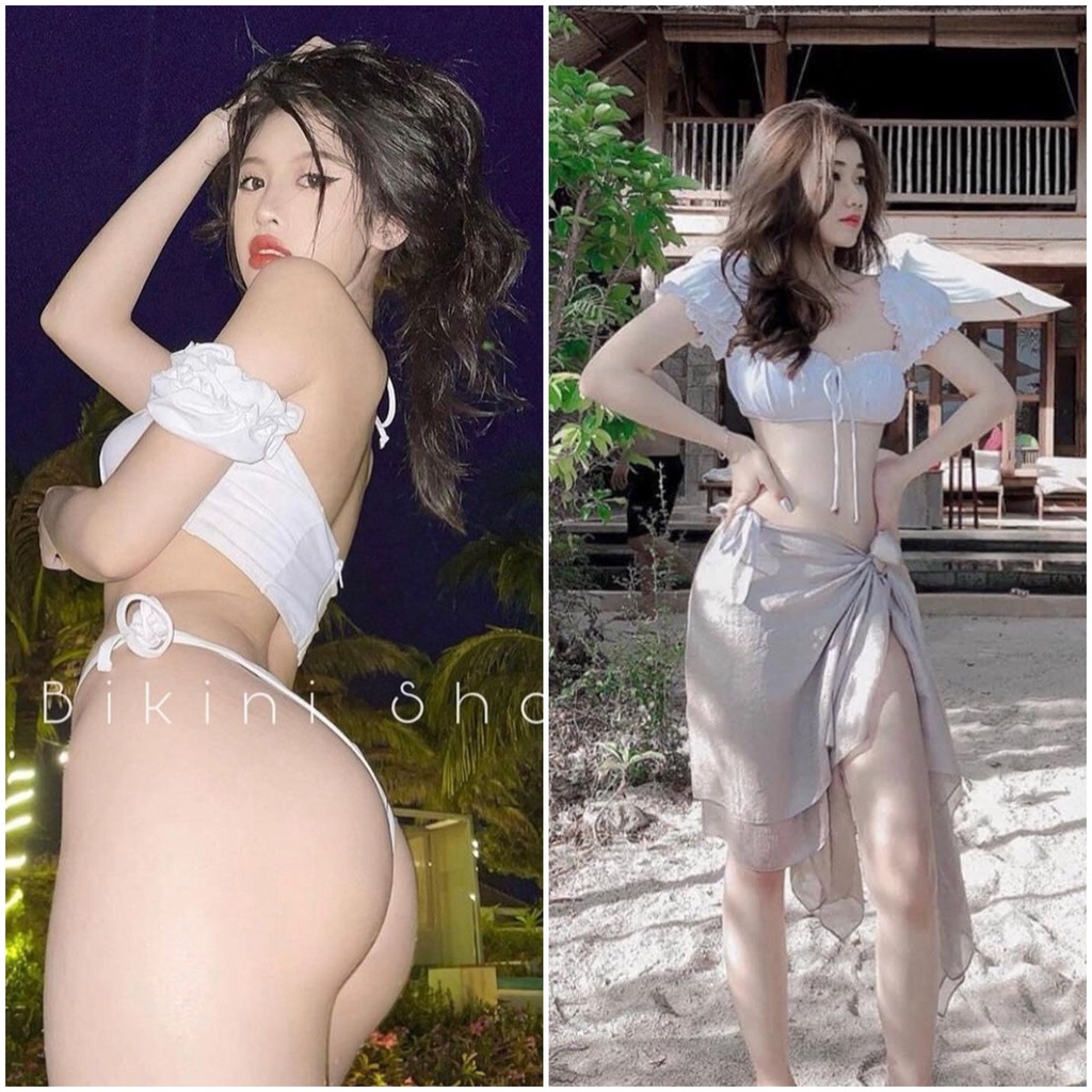 Bikini nữ 2 mảnh tay cộc trễ vai bèo quần tam giác và cạp cao R08
