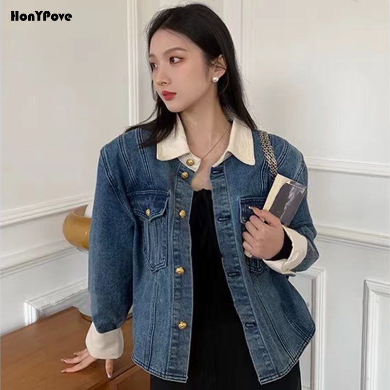 Honypove Áo Khoác Denim Cao Cấp Phong Cách Retro Thời Trang Dành Cho Nữ