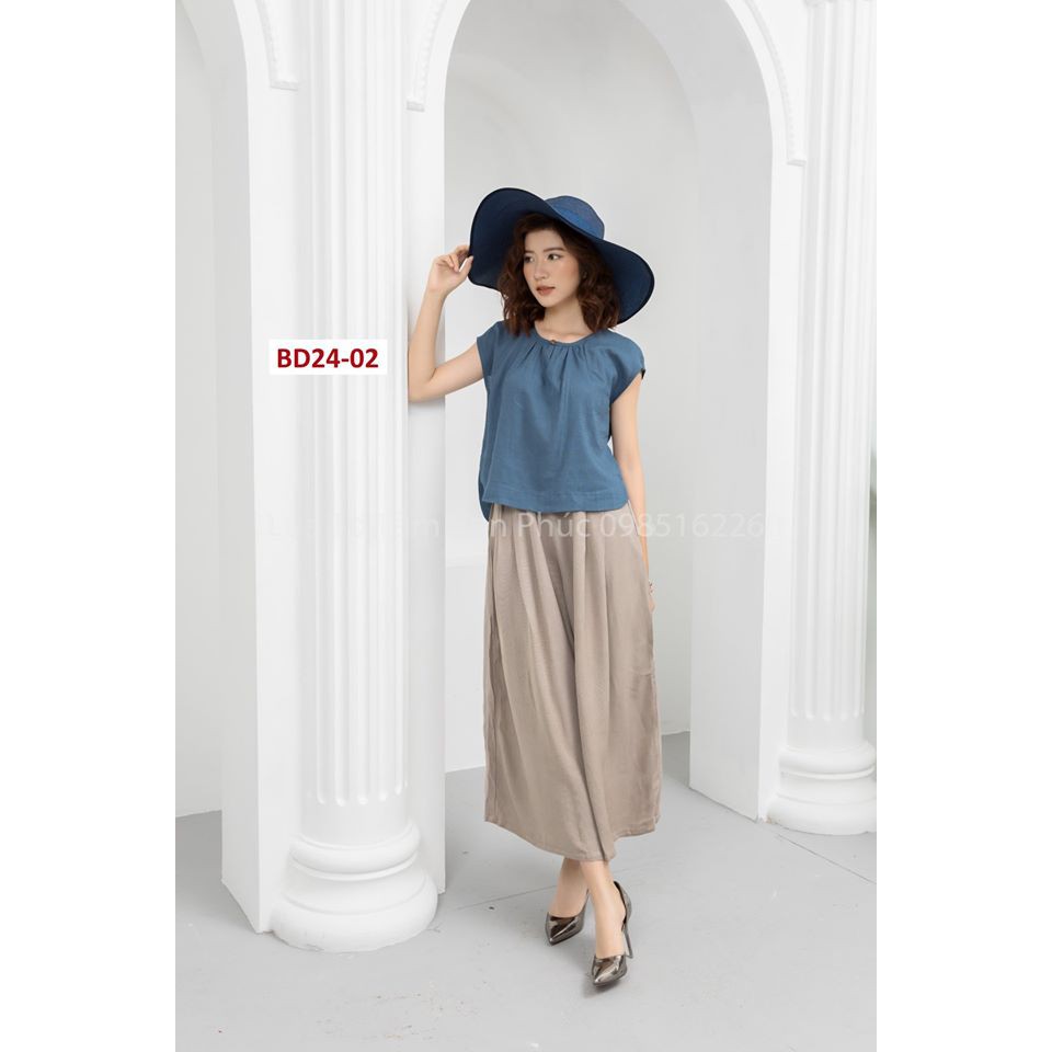 Bộ đũi rúm cổ (Áo tay cộc + quần váy) chất liệu linen dáng suông rộng