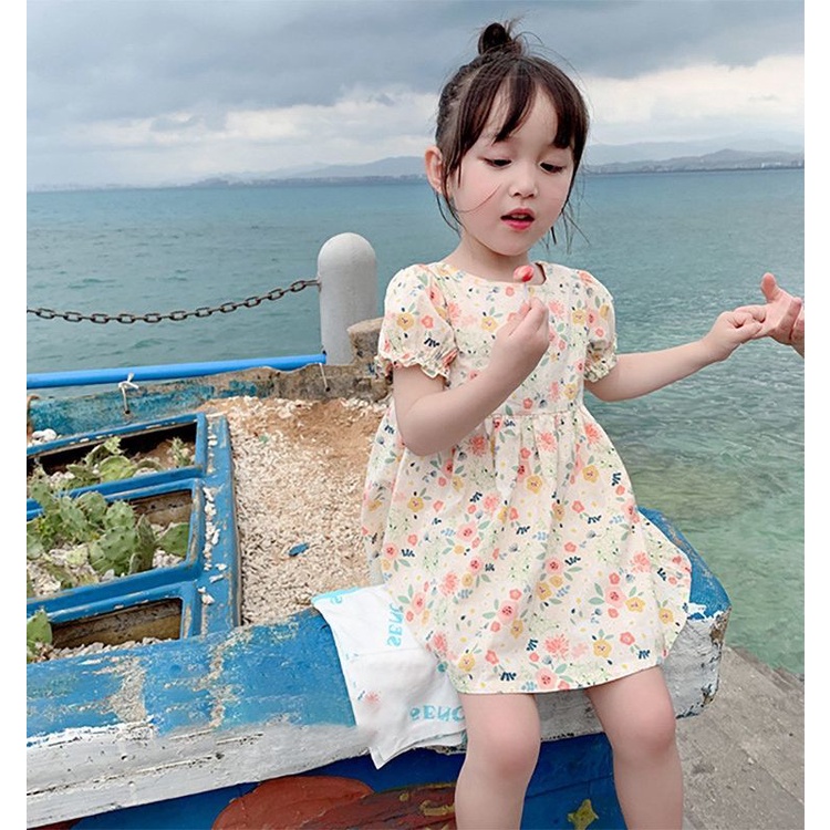 Đầm Công Chúa Tay Ngắn Bằng Vải bông In Hoa Cho Bé Gái 1-8 Tuổi