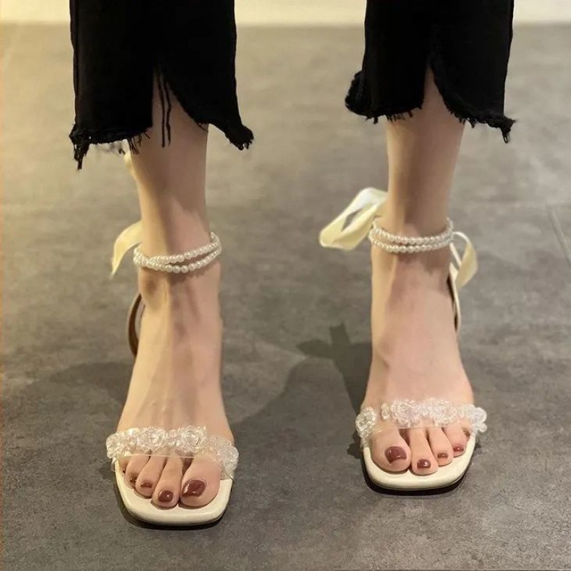 Sandal Gót Vuông Quai Ngang Trong Suốt Đính Ngọc Trai Phong Cách Pháp Thời Trang Mùa Hè Dành Cho Nữ 5cm[pyx1688]