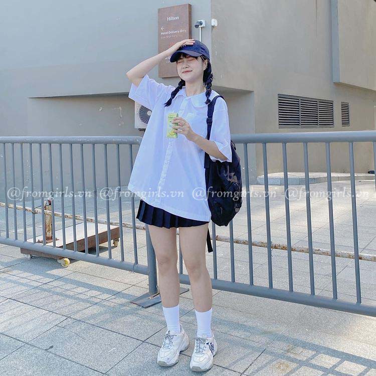 Sơ mi tay lỡ, áo sơ mi học sinh cổ sen ulzzang Hàn Quốc  - SM10FG