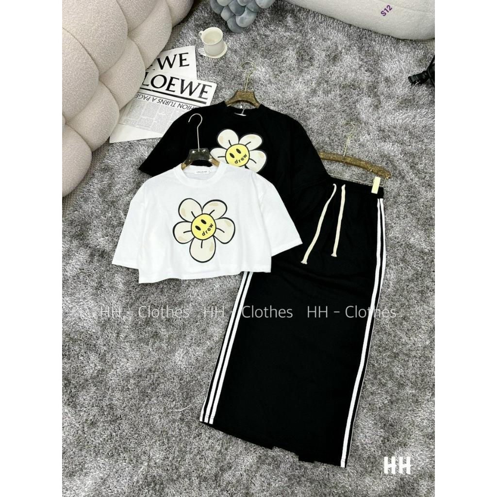 Set bộ áo thun họa tiết hình hoa phối váy suôn dài thể thao, năng động mặc đi chơi hot trend