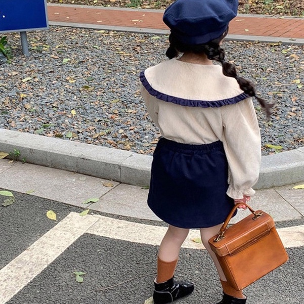 Aiyaya Bộ Áo Tay Dài Phối Ren + Chân Váy Ngắn Phong Cách Hàn Quốc Thời Trang Cho Bé Gái