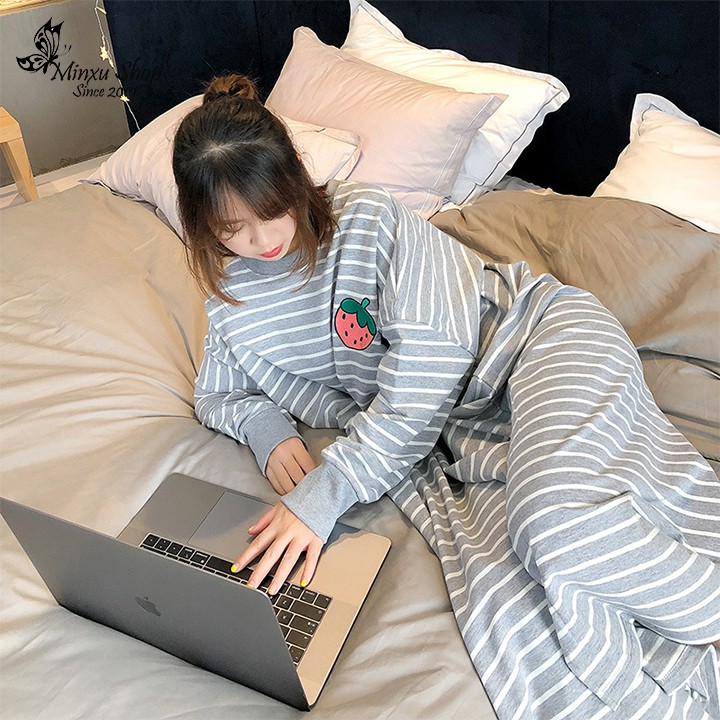Váy Ngủ Dài Tay Mùa Thu Đông Chất Thun Mềm Mịn, Họa Tiết Sọc Thêu Trái Cây Mặc Xinh Dễ Thương VK