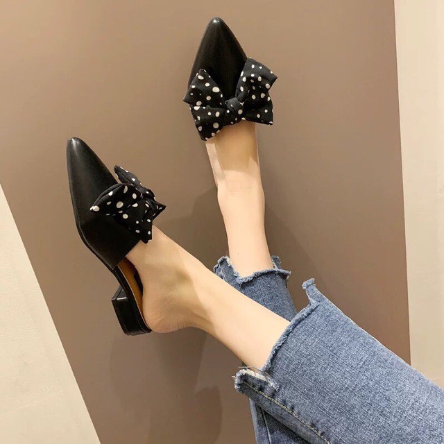FREE SHIP30K (H618) Dép sục nữ thắt nơ vải chấm bi cao ~3cm