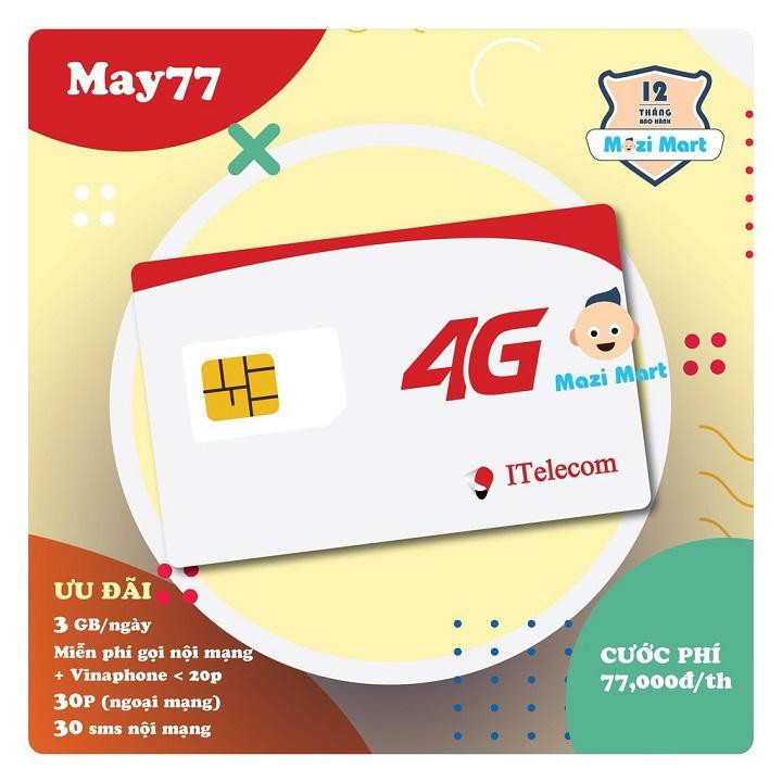 SIM 4G MAY V77 Itelecom Tặng 90GB/Tháng +Miễn phí cuộc gọi nội mạng và vina