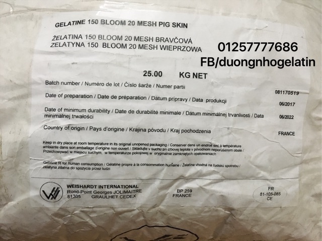 Cb 2kg gelatin Pháp ( 20 gói 100g )