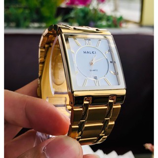 [FULL BOX] ĐỒNG HỒ NAM HALEI MẶT TRẮNG VUÔNG TRÀN VIỀN DÂY MẠ VÀNG SANG TRỌNG LỊCH LÃM