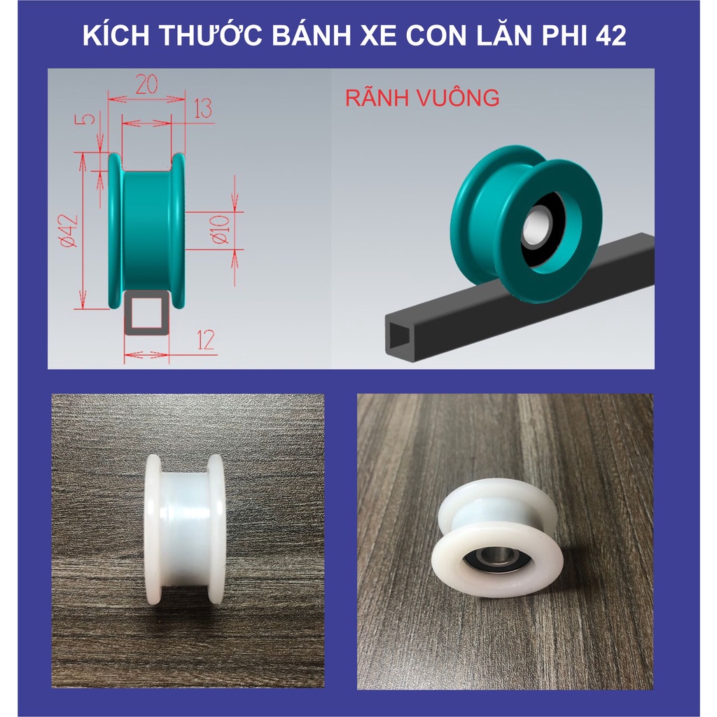 Bánh xe cửa lùa phi 42mm chịu lực, chịu tải dùng cho cửa lùa nhôm, cửa lùa sắt, cửa kính Rãnh H, Rãnh U, Rãnh V