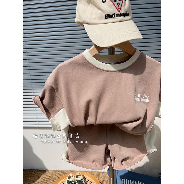 [Babycat] Bộ Đồ Thể Thao Ngắn Tay Cổ Tròn In Chữ Màu Sắc Tương Phản Thời Trang Mùa Hè Hàn Quốc Dành Cho Bé Trai Mẫu Giáo