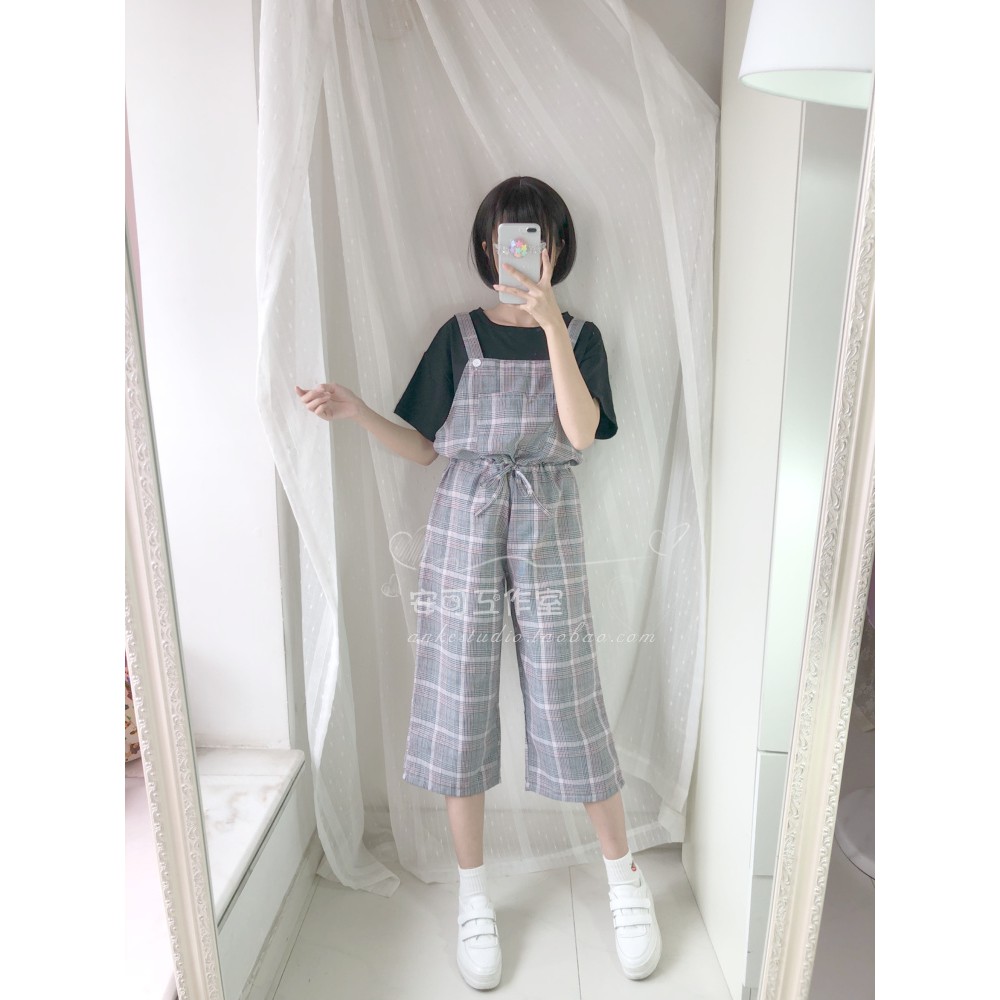 [Order] Quần yếm baggy lửng ULZZANG caro xám cute phong cách LOLITA (ẢNH THẬT CUỐI)