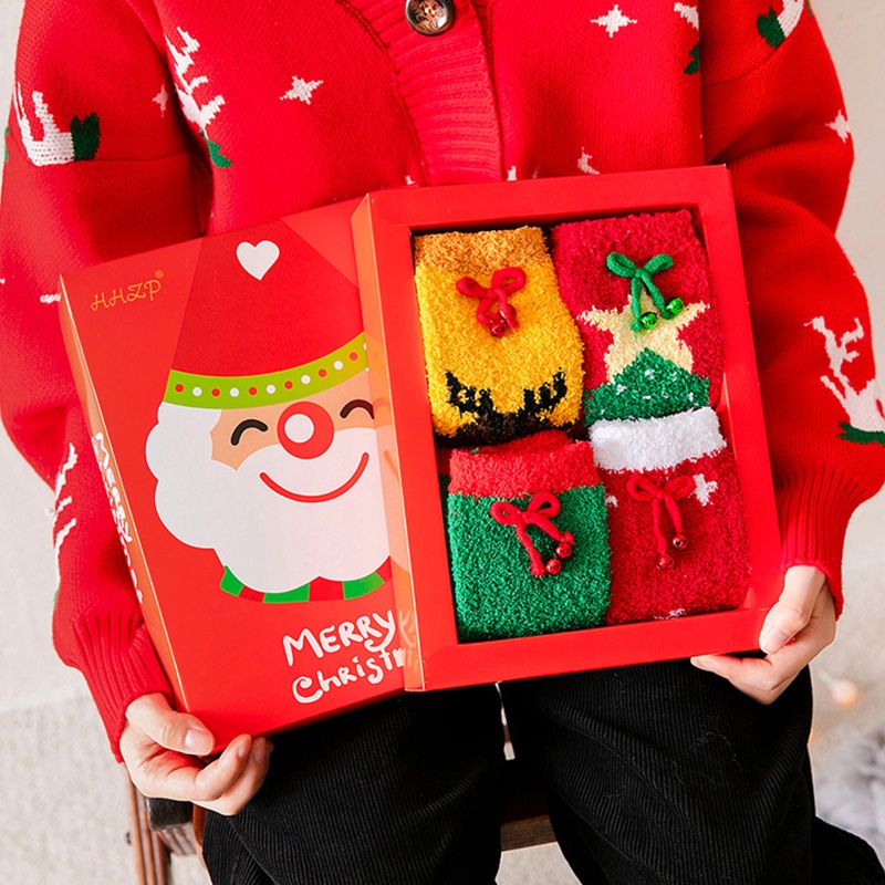 Set 4 Đôi Tất Sợi Nhỏ Dày Giữ Ấm Mùa Đông In Họa Tiết Giáng Sinh Cho Nữ