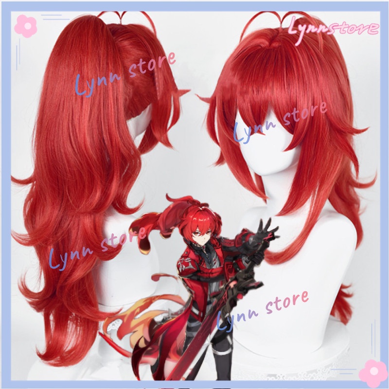 Hoạt hình Genshin Impact Diluc Red High Ponytail New Skin-Silhouettes of the Night Cosplay Halloween Tóc dài Tóc dài đuôi ngựa Cao Cosplay Tóc giả tổng hợp chịu nhiệt