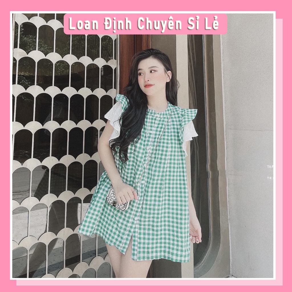 Đầm Kẻ Xanh Cánh Tiên Xòe Cúc Cổ Tàu Siêu Hot