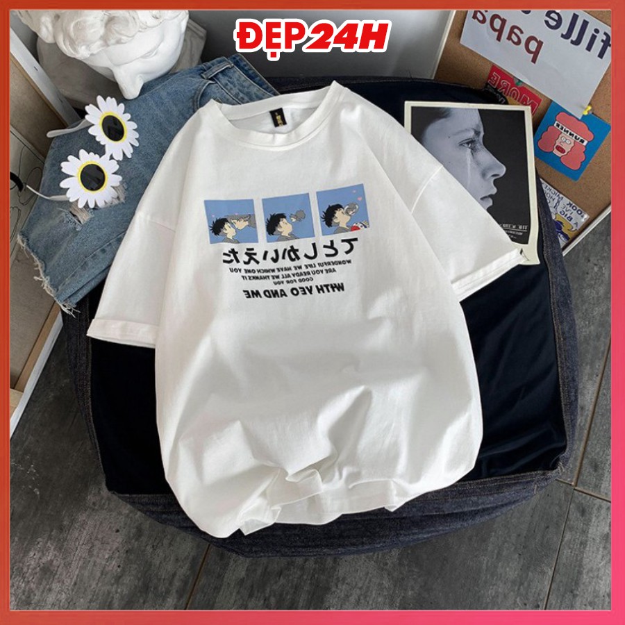 Áo thun nam nữ form rộng tay lỡ, Áo phông unisex in chữ With You and Me, chất liệu thun Cotton co giãn