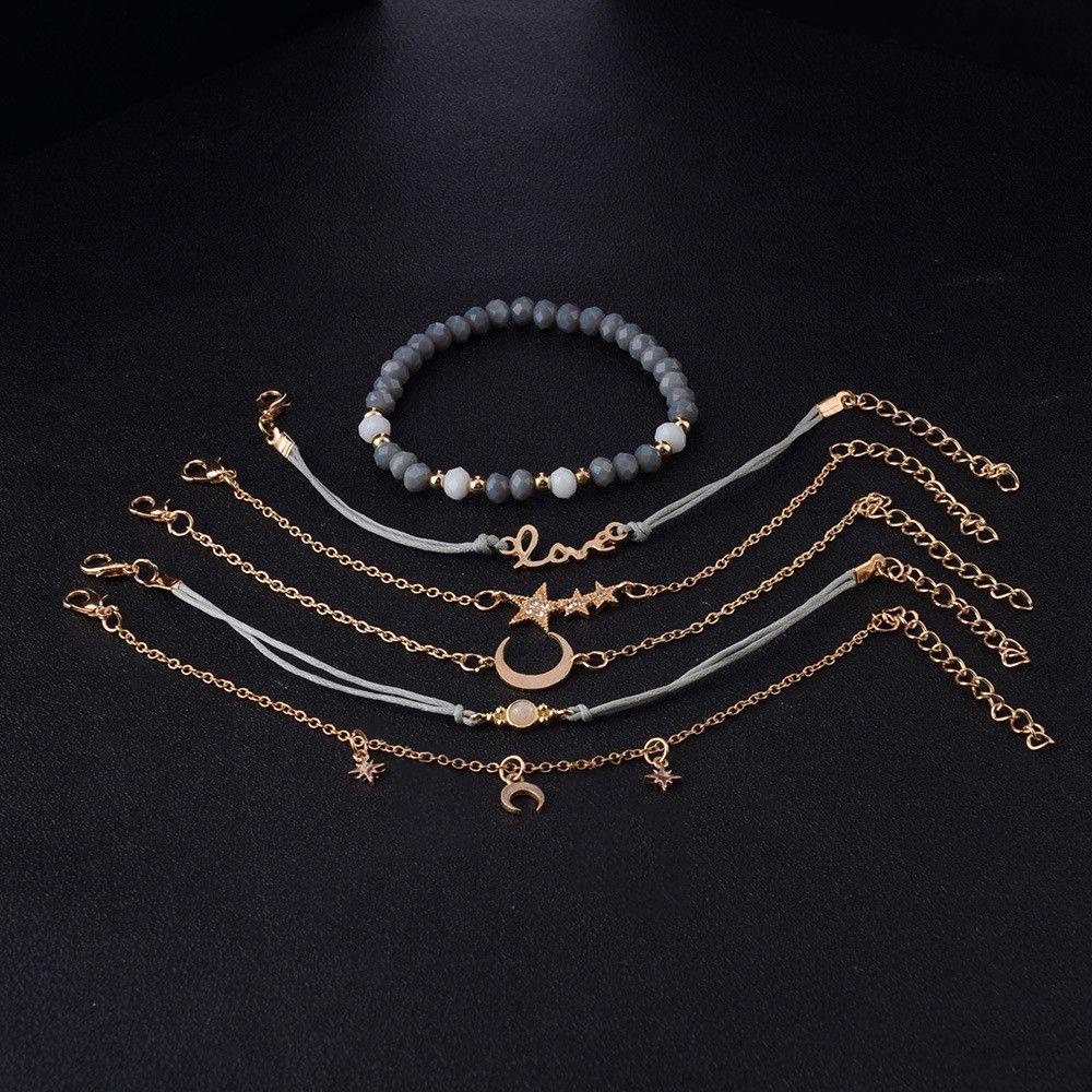 Set 6 VòNg Đeo Tay ChuỗI HạT Pha Lê PhốI Tua Rua Và HìNh TráI Tim ThờI Trang Cho Nữ