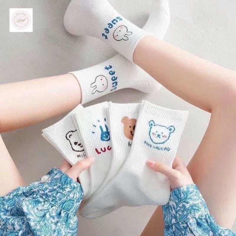 Set 5 đôi vớ tất tone trắng mix họa tiết gấu thỏ lucky xinh xắn, cổ cao, vải cotton dày dặn