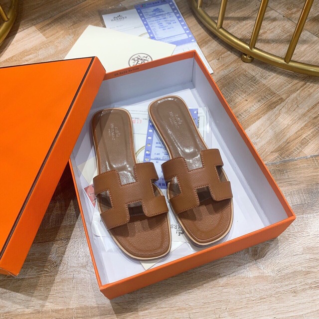 Dép HM cao cấp có hộp túi giầy da sần đen nâu rêu