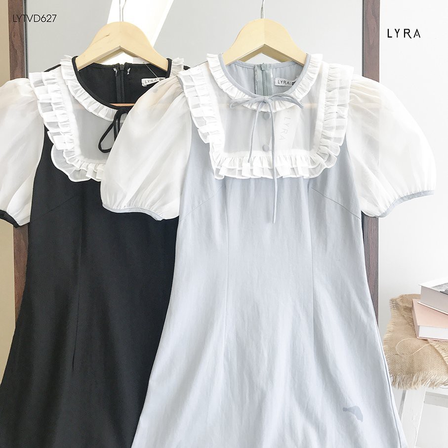 Váy thiết kế cố tròn viền yếm phối tơ LYRA, dáng xòe cách điệu xinh xắn nữ tính-LYTVD627 | BigBuy360 - bigbuy360.vn