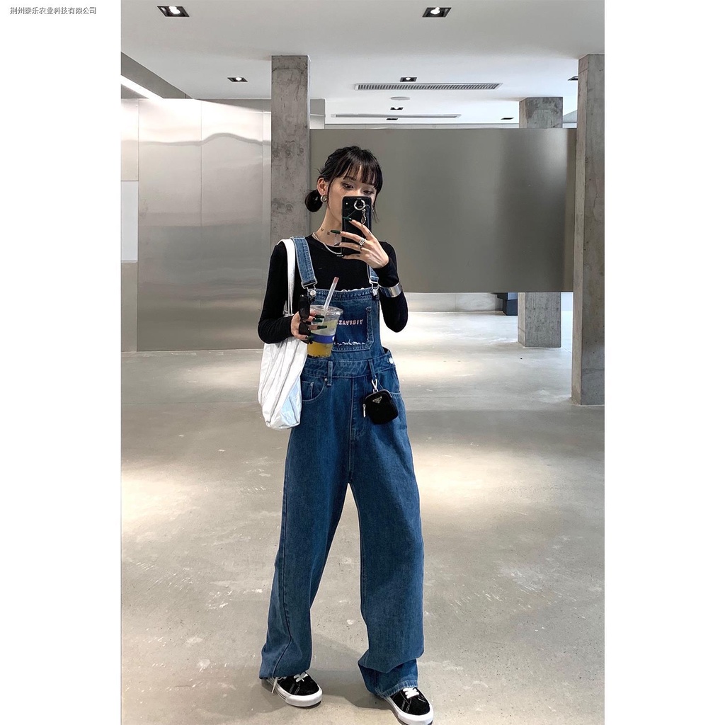 Quần Yếm Denim Màu Xanh Dương Mùa Xuân Thu Phong Cách Retro Mỹ Đường Phố Mới Cho Nữ