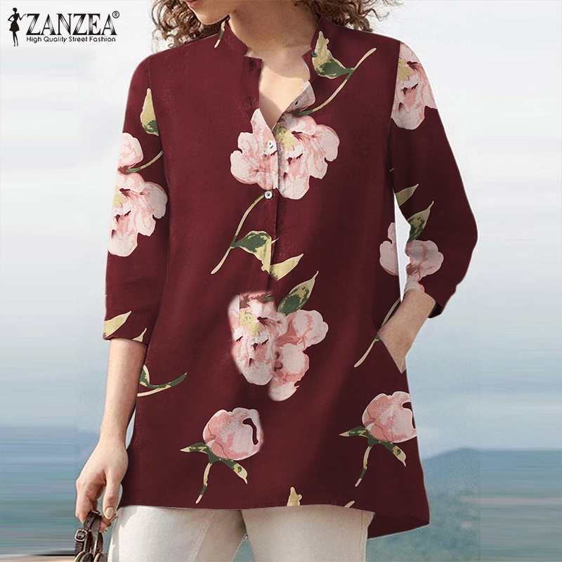 Áo sơ mi ZANZEA tay dài 3/4 dáng rộng cài khuy in hoa phong cách retro thời trang cho nữ