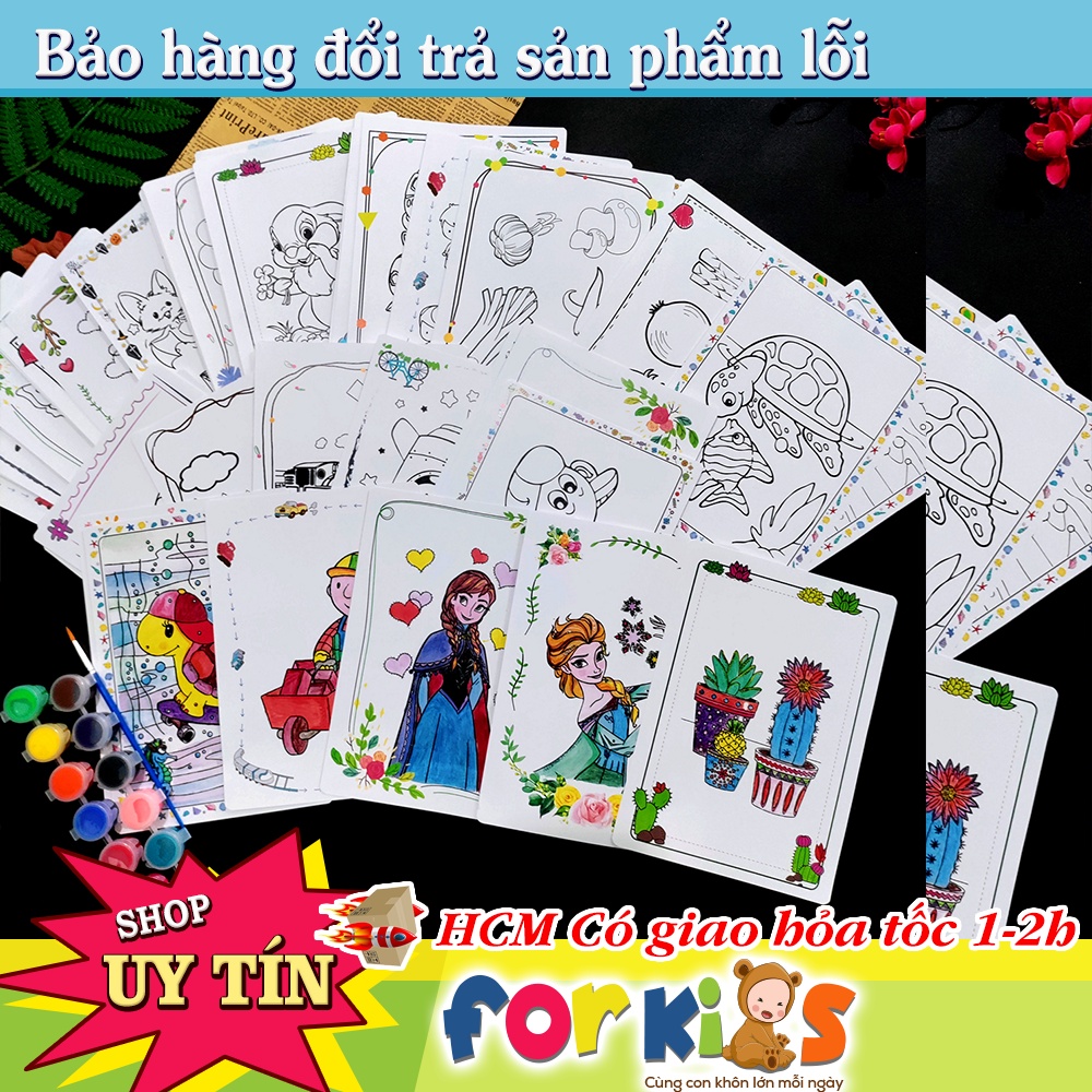 Tranh tô màu nước cho bé yêu hội họa,12 tranh kèm 12 màu cọ 20*15cm