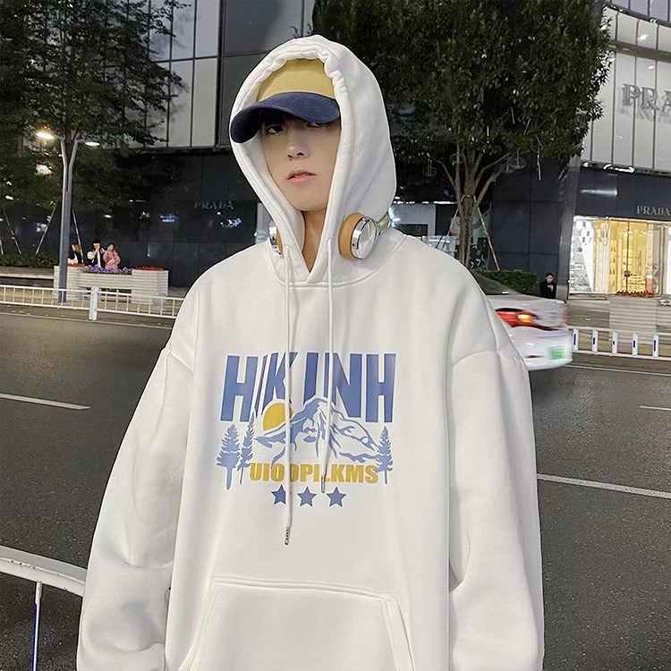 Áo hoodie tay dài dáng rộng in chữ phong cách đường phố Nhật Bản size M-3XL