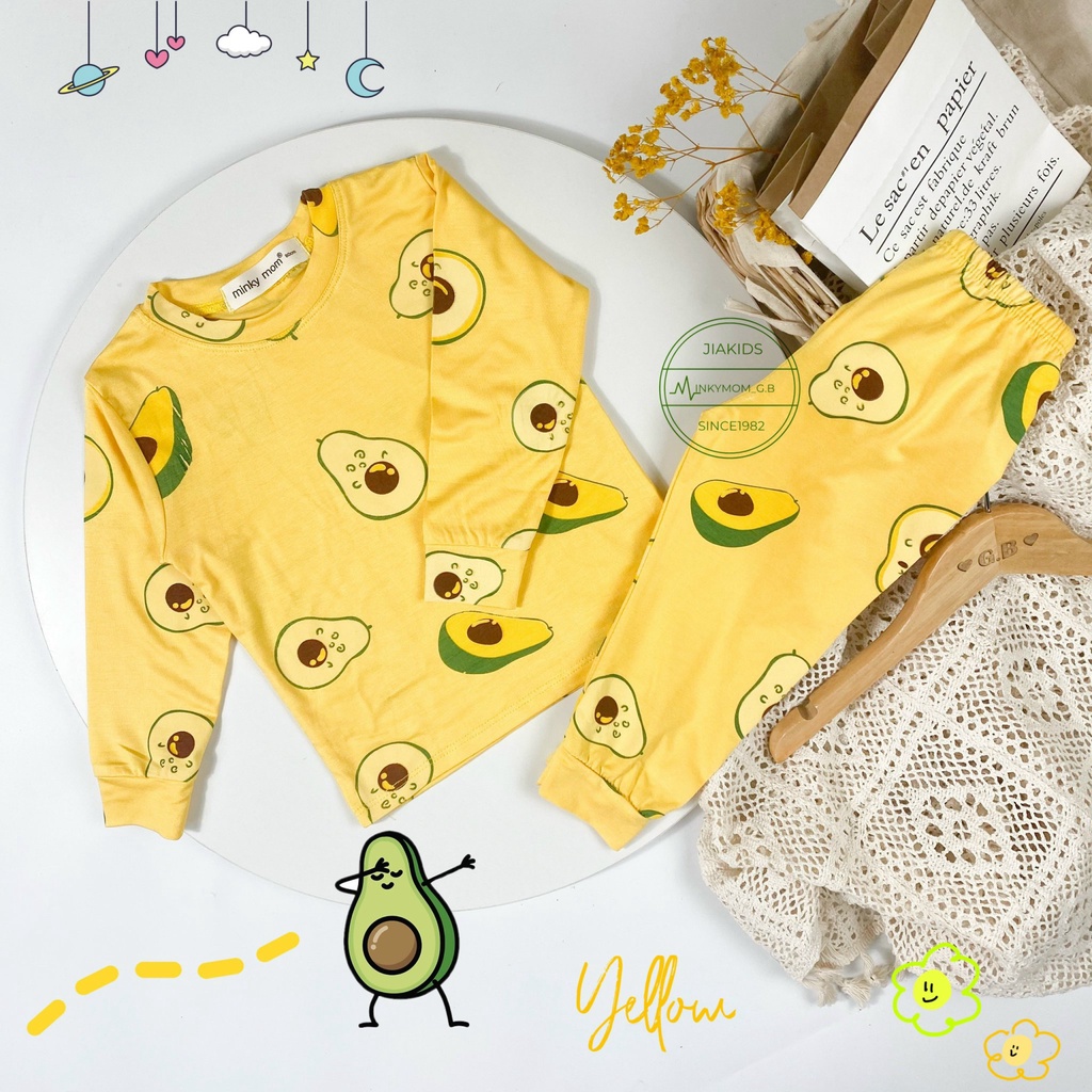 Bộ dài tay thun lạnh Minky mom/Bộ dài tay Minky mom chất thun lạnh in hình bơ,đào,cam,chanh cho bé 9-26KG
