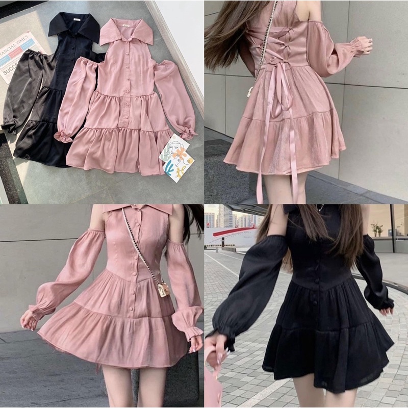 Đầm Carisa Khoét Tay Đan Dây Lưng Chất Ánh Lụa 2M Đen Hồng