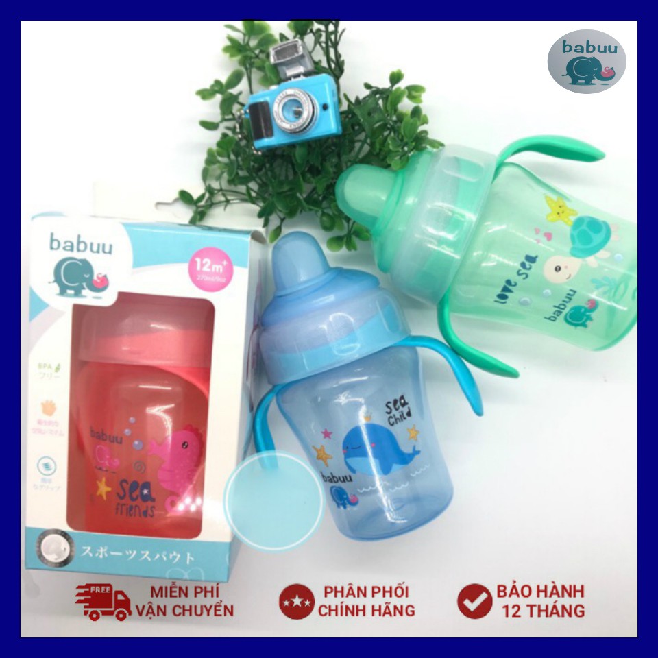 Bình tập uống đầu mềm có tay cầm Babuu Baby 240ml (họa tiết cá biển đại dương) Nhật Bản