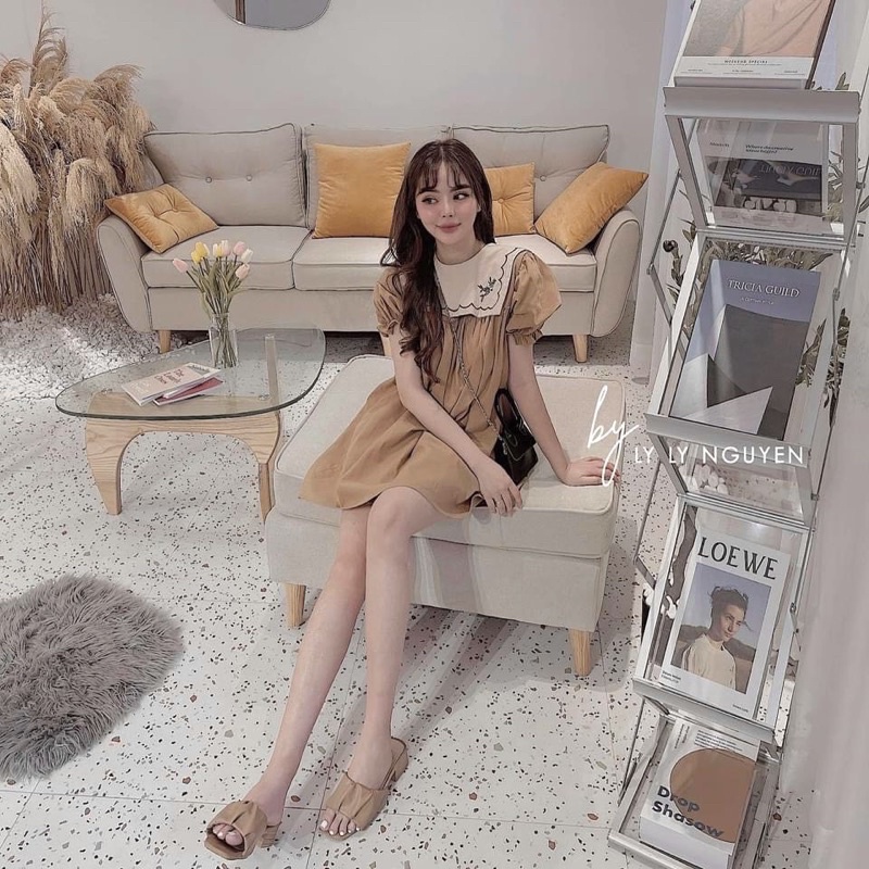 KÈM ẢNH THẬT VÁY NÂU CỔ YẾM THÊU HOA DÀNH DÀNH