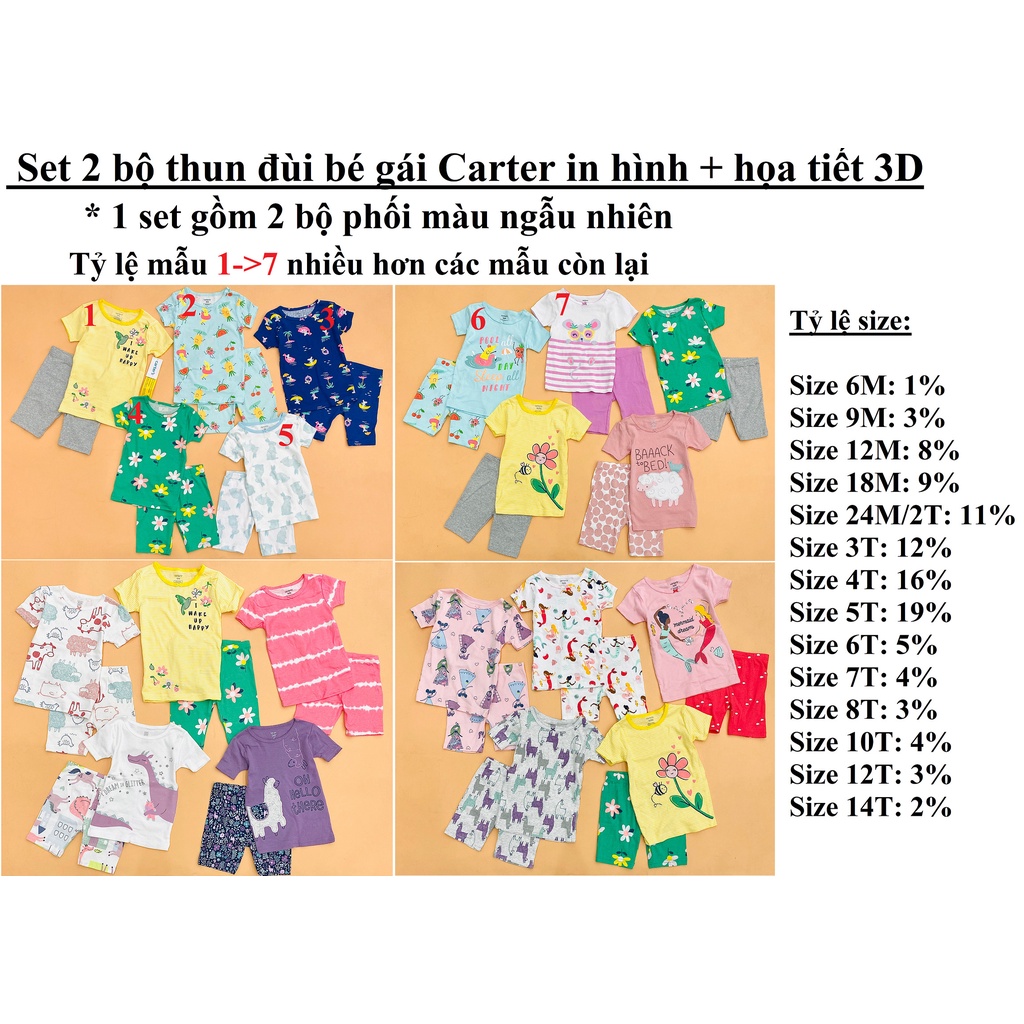 Sỉ ri 20 - Set 2 bộ thun đùi bé gái Carter in hình + họa tiết 3D - msp: 18614