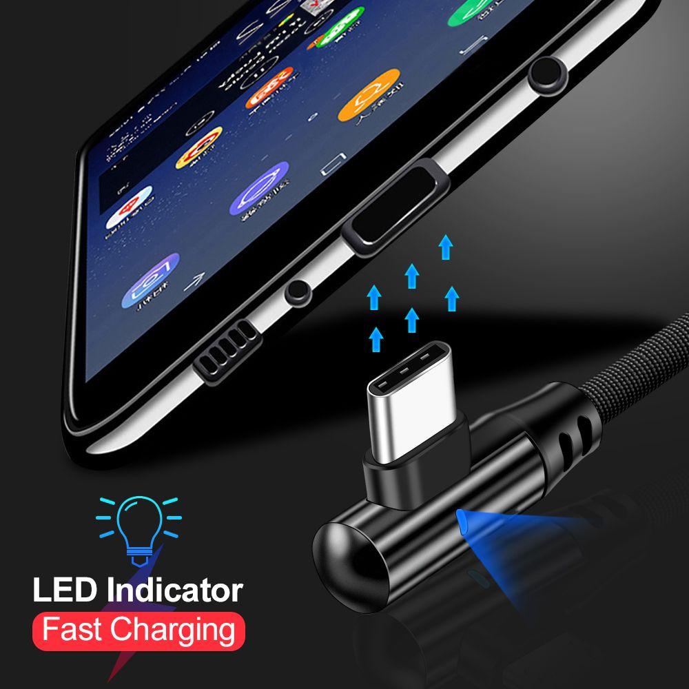 Dây Cáp Sạc Nhanh 0.25 / 1M 2M Có Đèn LED Góc 90 Độ