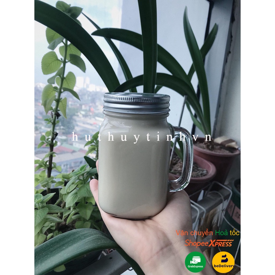 Ly quai thủy tinh/Cốc thủy tinh kèm nắp nhôm 480ml đựng nước ép, thực phẩm