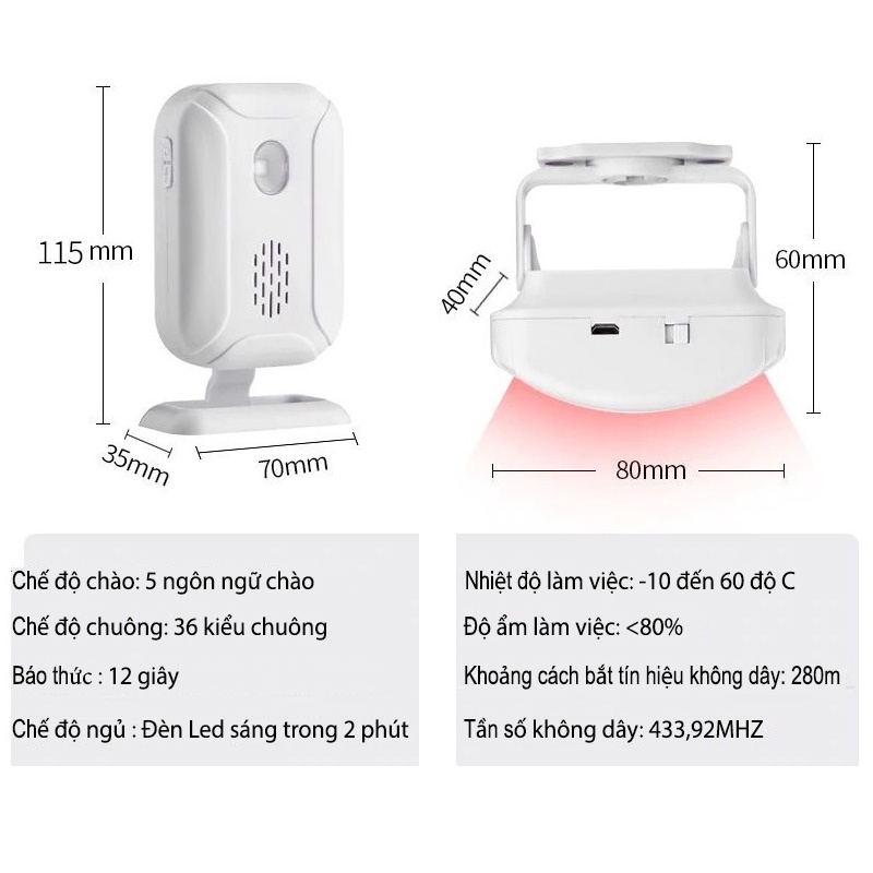 Chuông báo động báo khách cảm ứng hồng ngoại không dây thông minh chống trộm