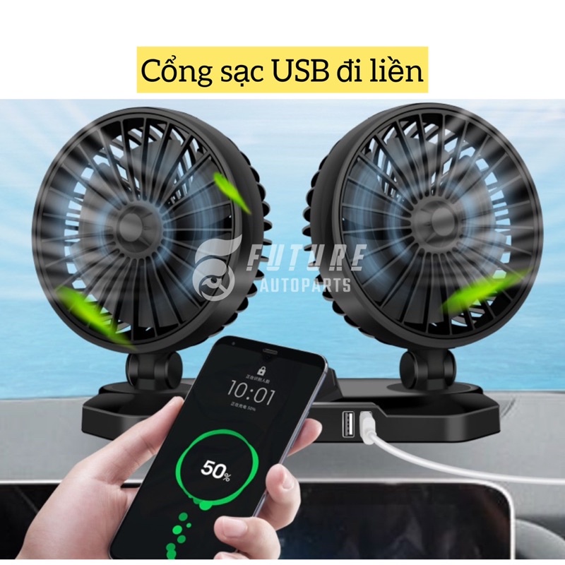 Quạt đôi đa năng quay 360 độ hỗ trợ cổng sạc USB tiện dụng dành cho xe hơi - Future Autoparts
