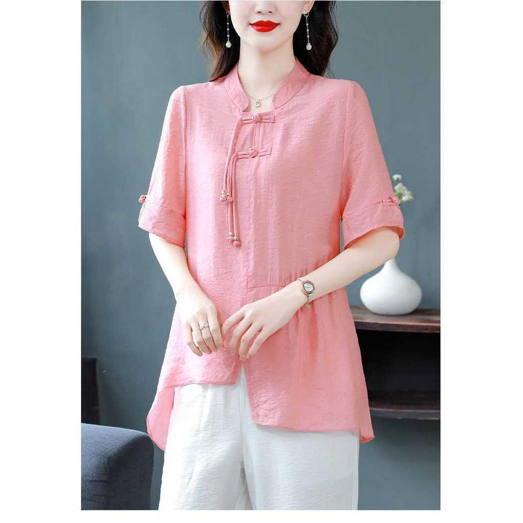 Phong cách trung quốc retro sườn xám phong cách khóa áo sơ mi nữ 2023 mới đơn giản màu hồng tính khí độc đáo ngắn tay áo