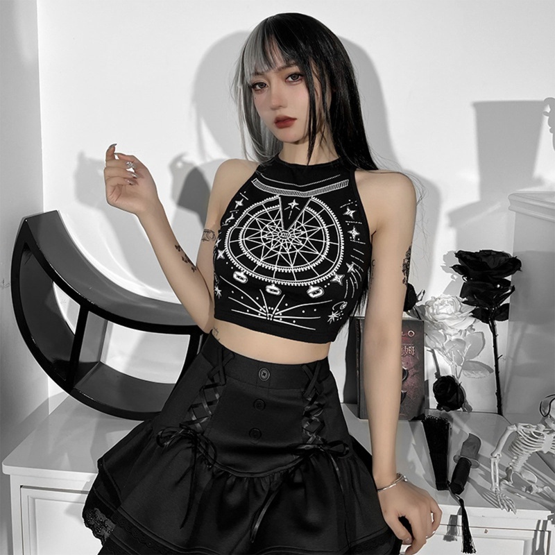 Áo Crop Top Không Tay Cổ Tròn In Họa Tiết Bầu Trời Phong Cách Harajuku Gothic Punk Cho Nữ