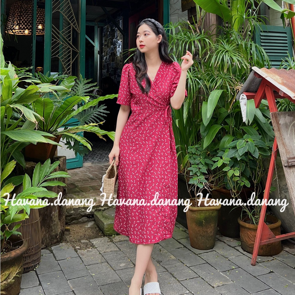 Đầm hoa nhí đỏ, đầm hoa nhí dây buộc thắt eo chất nhung | BigBuy360 - bigbuy360.vn