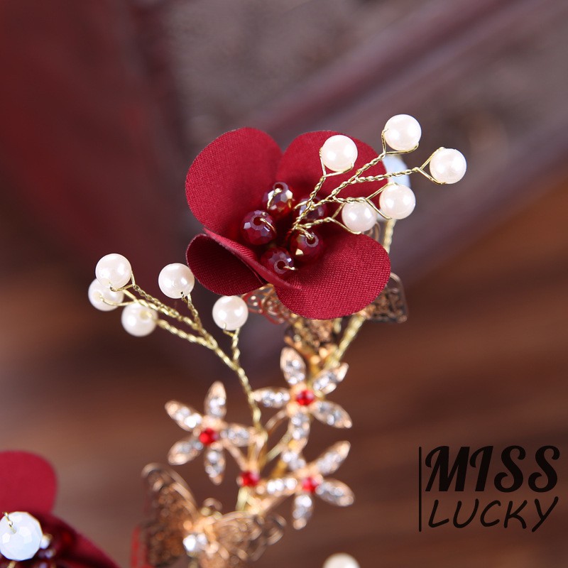 Red Wedding Bride Headdress Hairpin Clip Jewelry Accessories Flowers Ornaments New styles Roses Goddes Style Barrett
