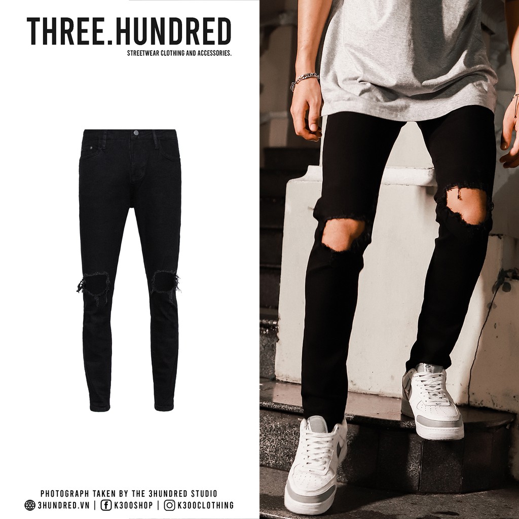 Quần Skinny Jeans Nam-Màu Đen-Rách Gối To-Chất Liệu Cotton Co Giãn-Ống Đứng Dáng-Ống Ôm Chân Chuẩn Skinny