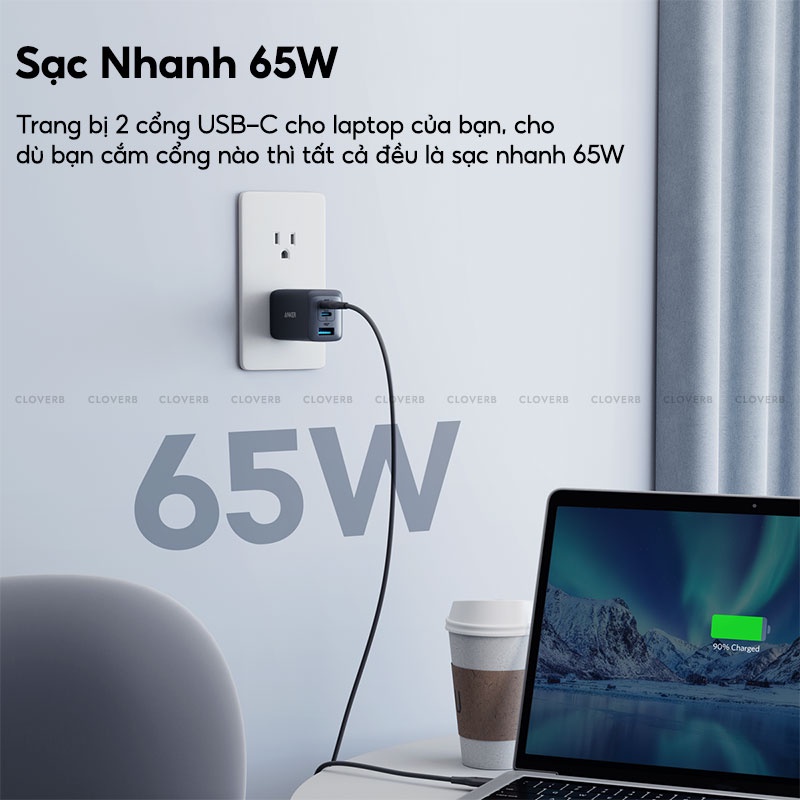 Củ Sạc Nhanh 65W GaN 2 ANKER Nano II A2667 Siêu Nhỏ Gọn Chân Gập Tiện Lợi 3 Cổng Sạc Cho MacBook Laptop iPhone Samsung