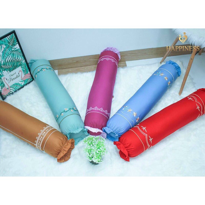 Vỏ Gối Ôm Màu Thêu Happiness Chất Liệu 100% Cotton Hàn Quốc Xịn Xò Kích Thước Tiêu Chuẩn 35x100cm