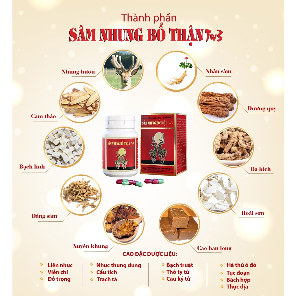 SÂM NHUNG BỔ THẬN TW3 HỘP 30 VIÊN - BỔ THẬN TRÁNG DƯƠNG TĂNG CƯỜNG SỨC KHỎE - DÙNG ĐƯỢC CHO CẢ NAM VÀ NỮ