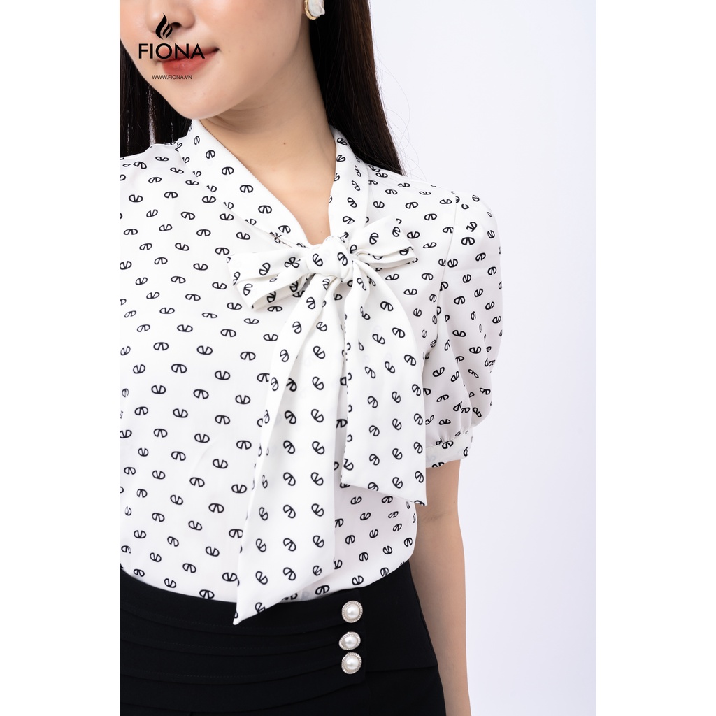 Sơ mi đen họa tiết trắng Fiona, Áo sơ mi nữ cổ nơ nẹp lệch FIONA F551219