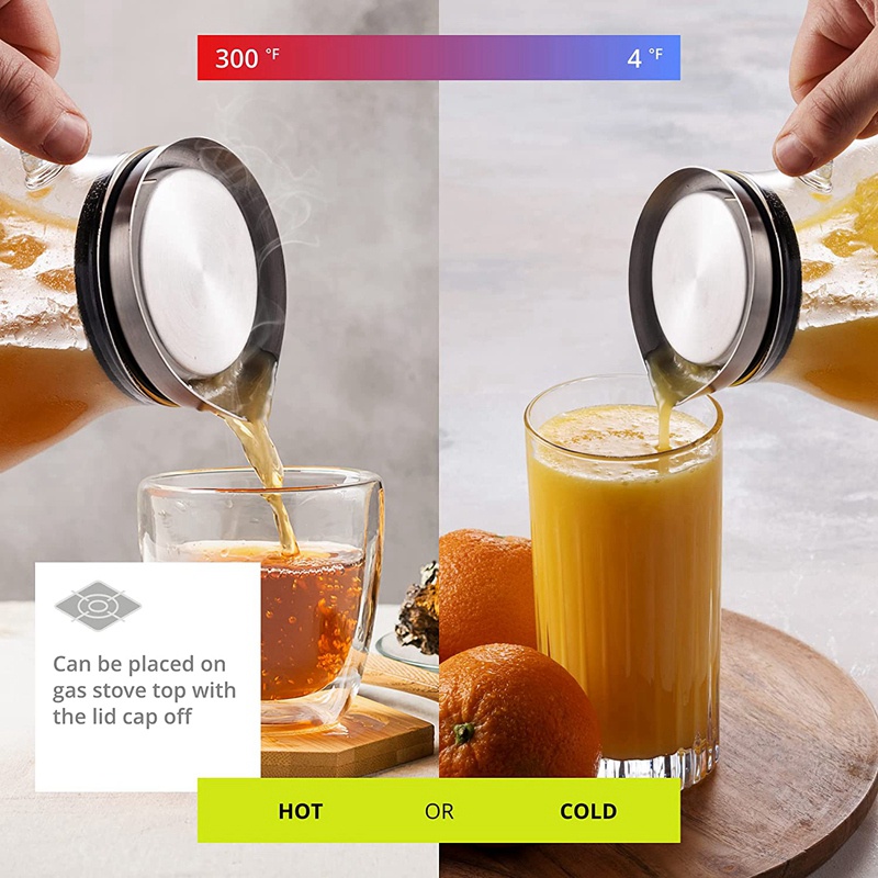 Bình thủy tinh 2500Ml có nắp Bình đựng đồ uống nhẹ đẹp mắt Carafe có tay cầm Tuyệt vời cho đồ uống lạnh và nóng